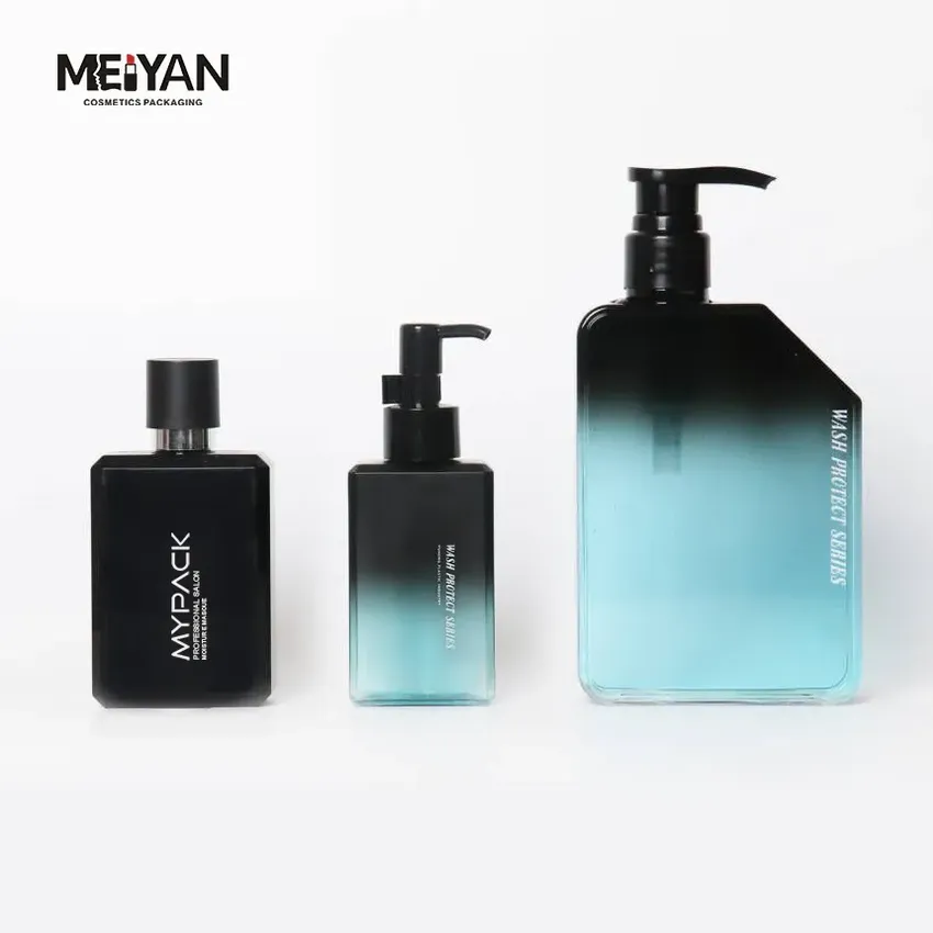 MYPACK luxury unique plastic black blue gradient 200ml300ml400ml square men shampoo and conditioner body wash lotion pump bottle