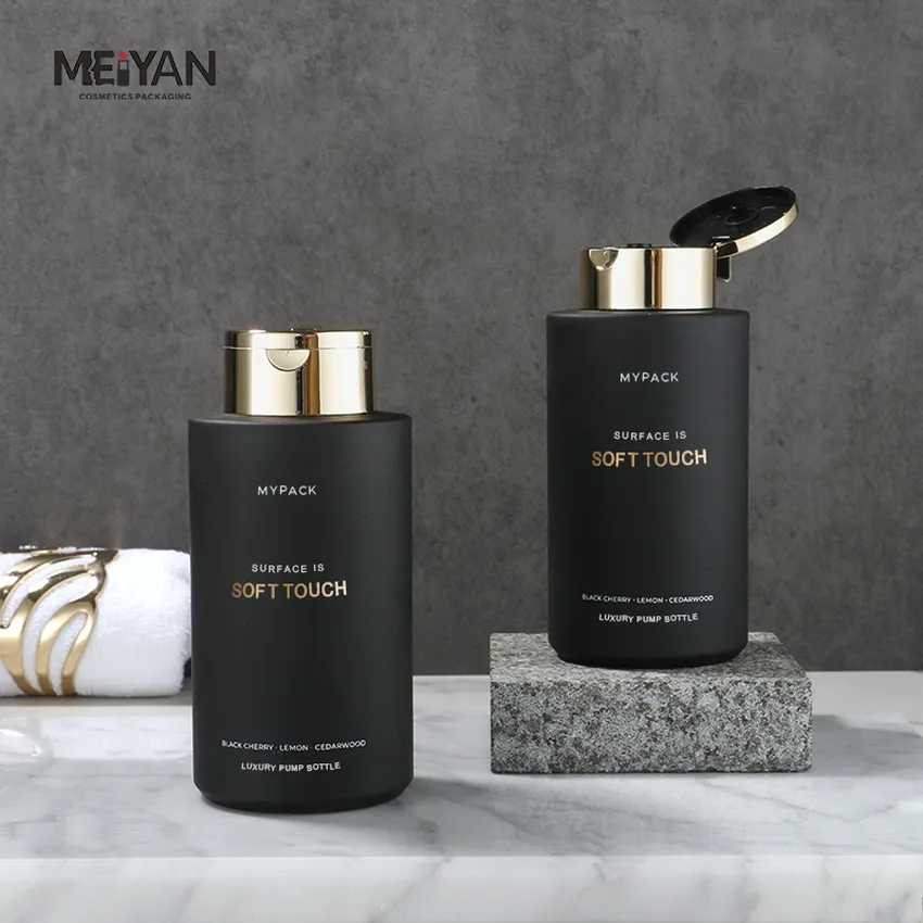 MYPACK luxury 350ml 450ml soft hdpe squeeze plastic matte black shampoo and conditioner shower gel bottle with gold fat flip cap