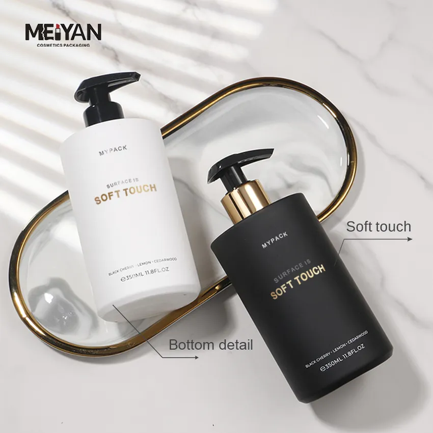 MYPACK luxury 350ml 450ml soft hdpe squeeze plastic matte black shampoo and conditioner shower gel bottle with gold fat flip cap