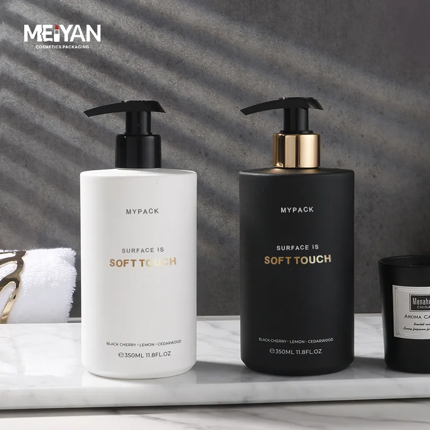 MYPACK luxury 350ml 450ml soft hdpe squeeze plastic matte black shampoo and conditioner shower gel bottle with gold fat flip cap