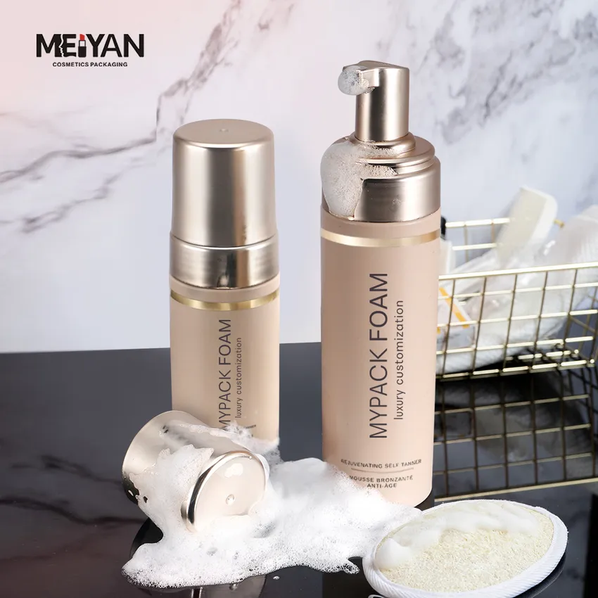 MYPACK custom tan color frosted empty 100ml 200ml 250ml foaming skincare shampoo and hand soap pump bottle gold metallic pump