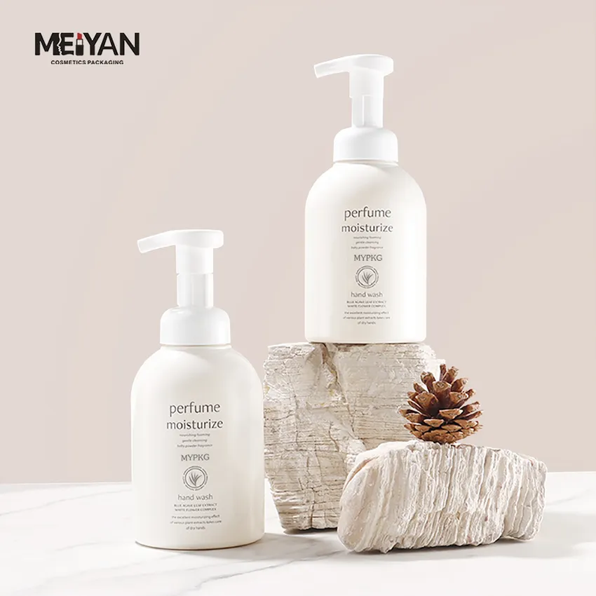 MYPACK luxury pet plastic round shoulder beige foam bottle cosmetic cleanser hand wash foaming pump bottle 500ml