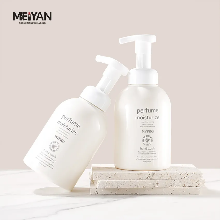 MYPACK luxury pet plastic round shoulder beige foam bottle cosmetic cleanser hand wash foaming pump bottle 500ml