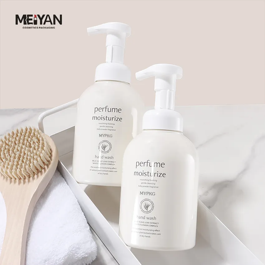 MYPACK luxury pet plastic round shoulder beige foam bottle cosmetic cleanser hand wash foaming pump bottle 500ml