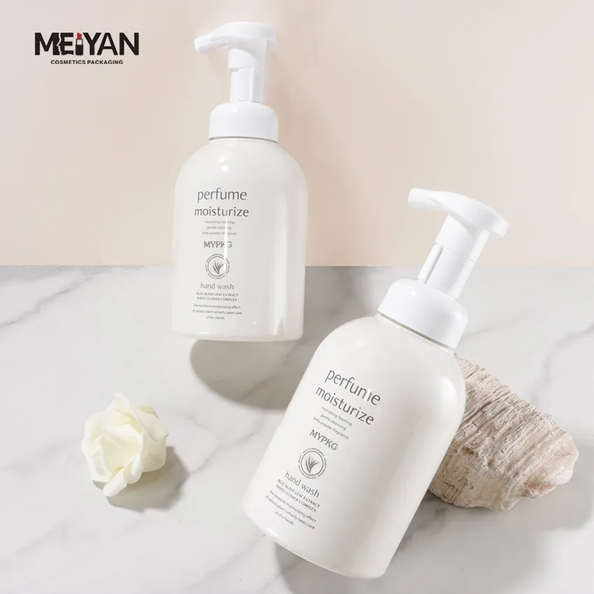 MYPACK luxury pet plastic round shoulder beige foam bottle cosmetic cleanser hand wash foaming pump bottle 500ml