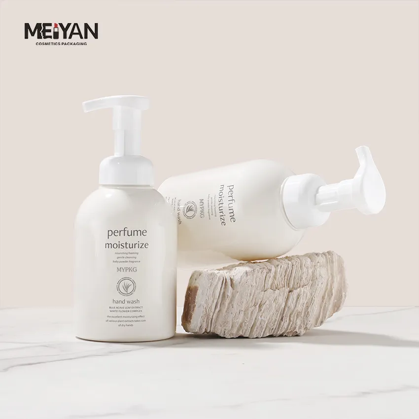 MYPACK luxury pet plastic round shoulder beige foam bottle cosmetic cleanser hand wash foaming pump bottle 500ml