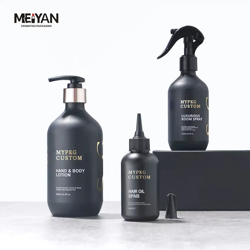 MYPACK boston round matte black shampoo and conditioner and spray bottle black matte pet plastic bottles set