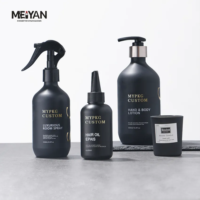 MYPACK boston round matte black shampoo and conditioner and spray bottle black matte pet plastic bottles set