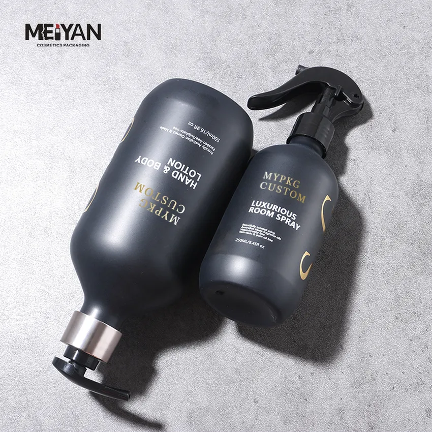 MYPACK boston round matte black shampoo and conditioner and spray bottle black matte pet plastic bottles set