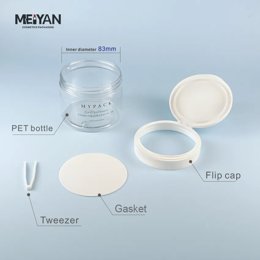 MYPACK 200g 250g 350g Inner diameter 8.5cm clear plastic face cleaning toner cotton pads containers jar with tweezer