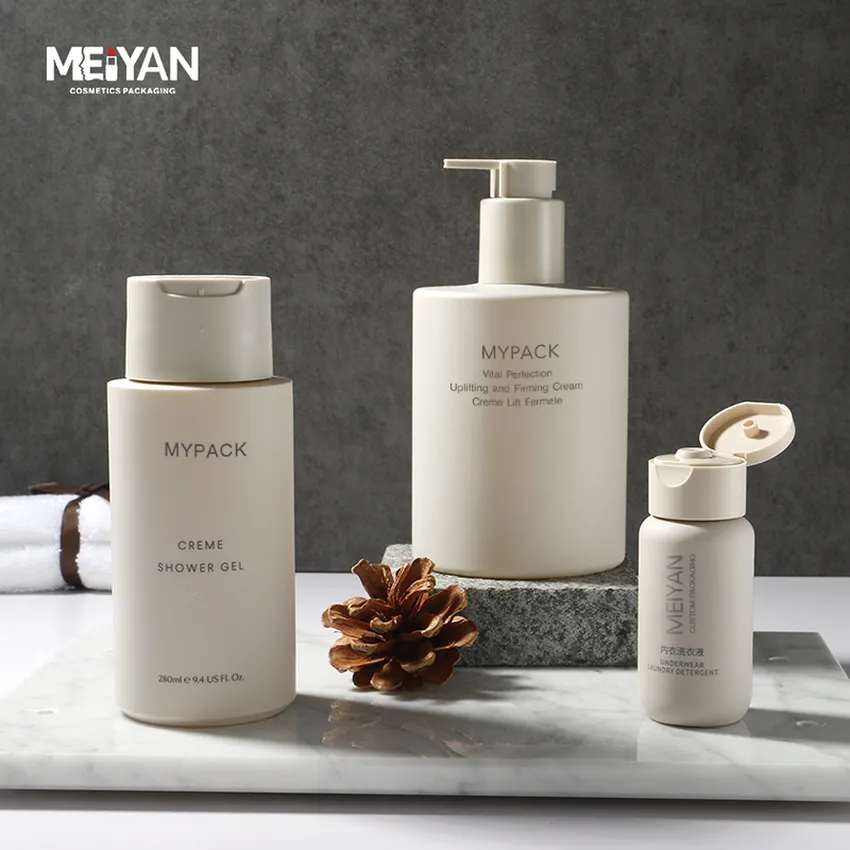 MYPACK luxury matte frosted soft touch khaki shampoo conditioner and body lotion gel plastic bottle set