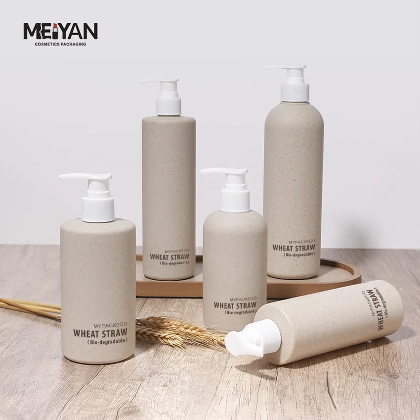 MYPACK custom 200ml 300ml 400ml 500ml biodegradable wheat straw plates cosmetic shampoo body lotion pump bottle packaging