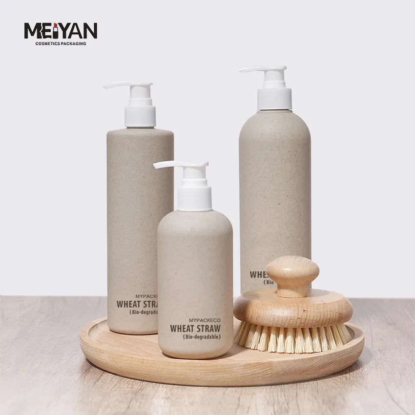 MYPACK custom 200ml 300ml 400ml 500ml biodegradable wheat straw plates cosmetic shampoo body lotion pump bottle packaging