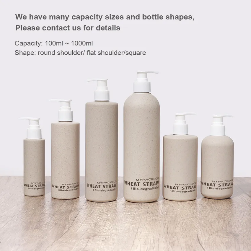 MYPACK custom 200ml 300ml 400ml 500ml biodegradable wheat straw plates cosmetic shampoo body lotion pump bottle packaging