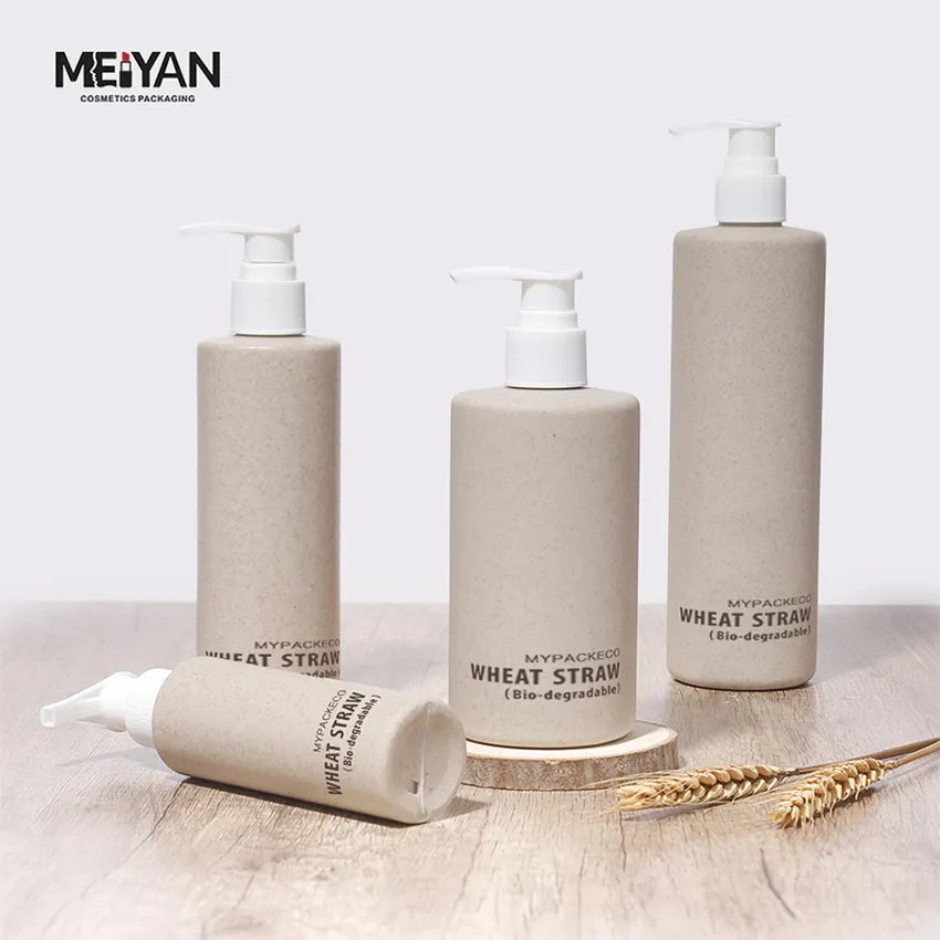 MYPACK custom 200ml 300ml 400ml 500ml biodegradable wheat straw plates cosmetic shampoo body lotion pump bottle packaging