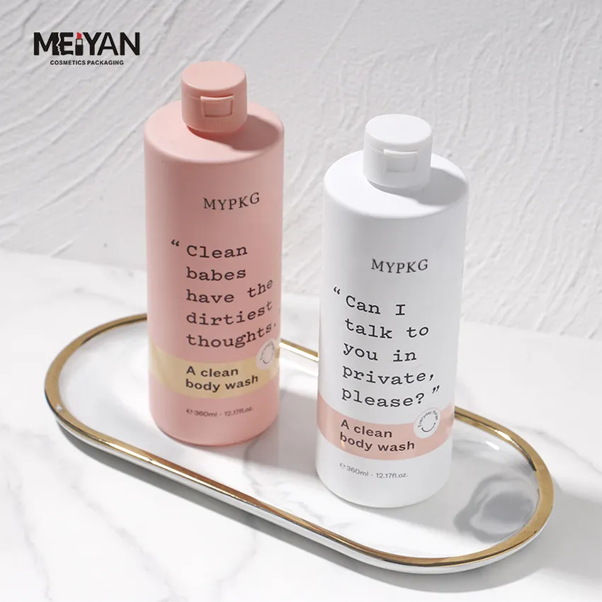 MYPACK round matte 350ml white pink PET plastic cosmetic packaging shampoo and conditioner bottle with flip top cap