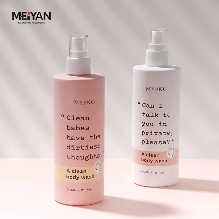 MYPACK round matte 350ml white pink PET plastic cosmetic packaging shampoo and conditioner bottle with flip top cap