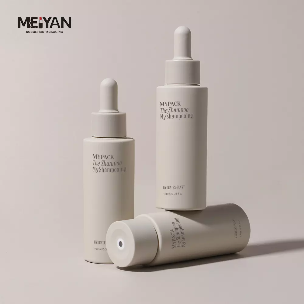 MYPACK luxury round cylinder small sample frosted beige plastic flat shoulder serum hair oil dropper bottle 100ml 200ml 250ml