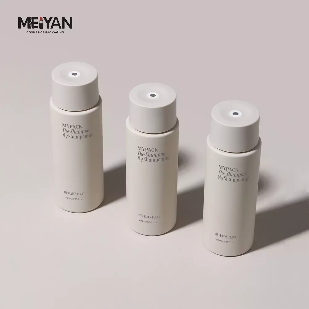 MYPACK luxury round cylinder small sample frosted beige plastic flat shoulder serum hair oil dropper bottle 100ml 200ml 250ml