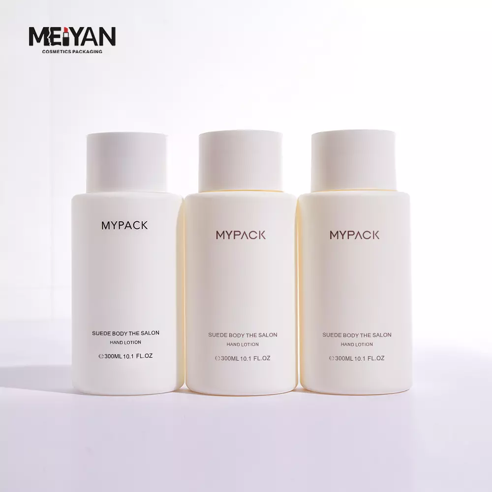 MYPACK cylinder soft touch white 10oz 300ml hdpe shampoo and conditioner body wash hand wash squeeze bottle with disc cap