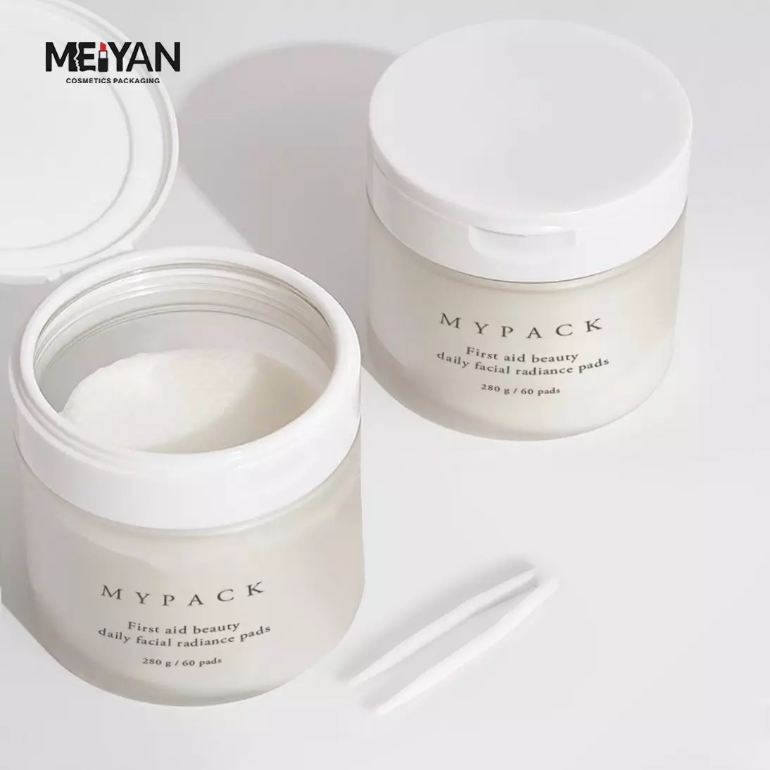 MYPACK 100ml 120ml plastic skincare facial makeup cleansing toner cotton wool pad round jar with hinge cap and tweezer