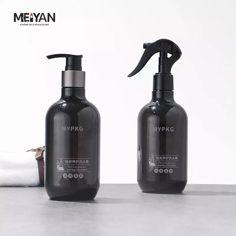 MYPACK luxury clear plastic boston round black pet plastic bottles for shampoo and conditioner oil 300ml