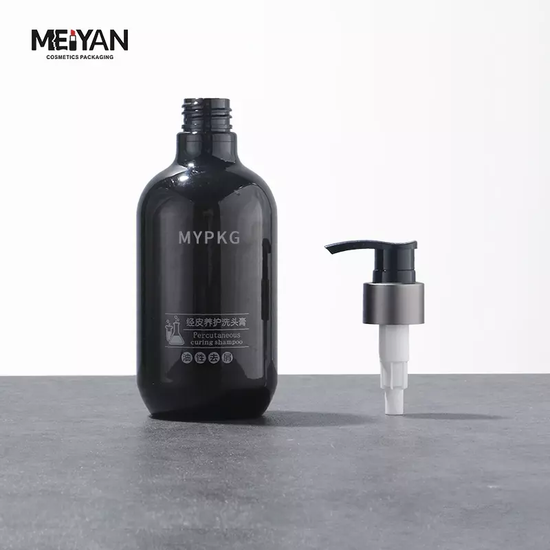 MYPACK luxury clear plastic boston round black pet plastic bottles for shampoo and conditioner oil 300ml