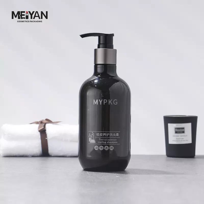 MYPACK luxury clear plastic boston round black pet plastic bottles for shampoo and conditioner oil 300ml