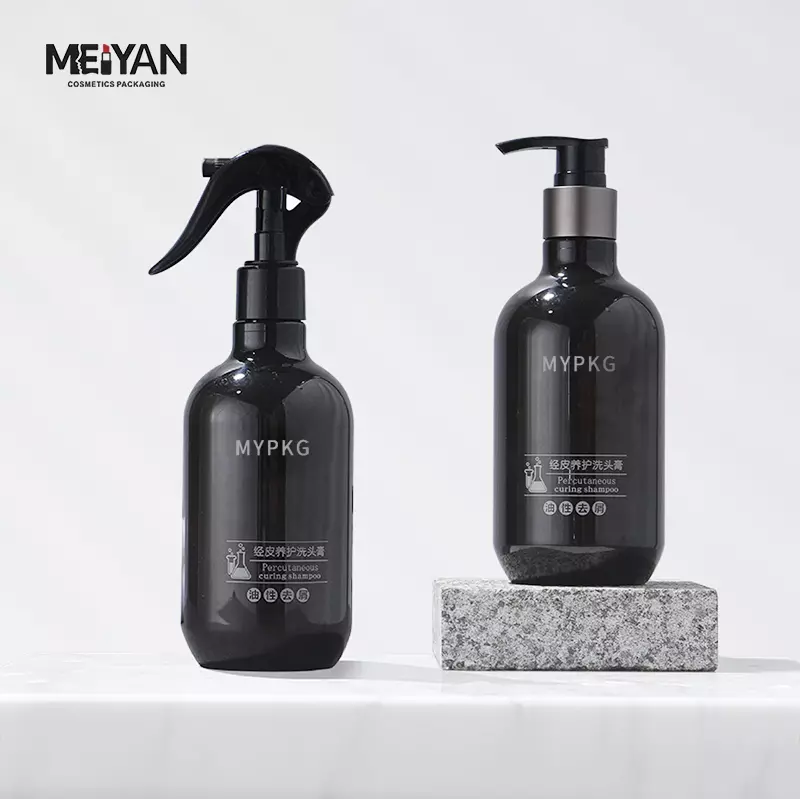 MYPACK luxury clear plastic boston round black pet plastic bottles for shampoo and conditioner oil 300ml