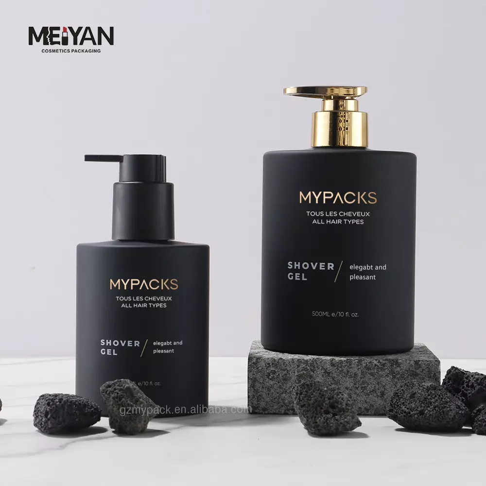 MPYACK custom shorter round 300ml 500ml pet plastic matte black cosmetic serum shower gel body cream bottle with pump