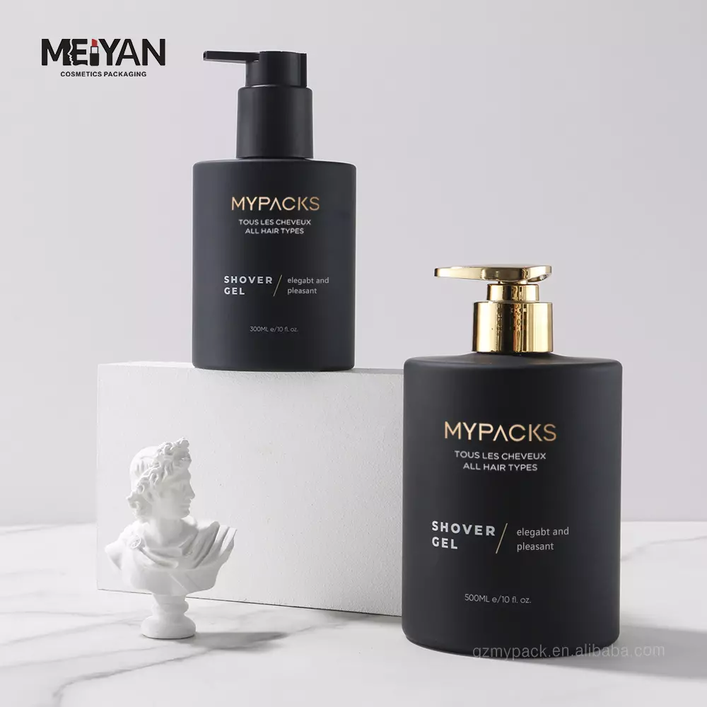 MPYACK custom shorter round 300ml 500ml pet plastic matte black cosmetic serum shower gel body cream bottle with pump