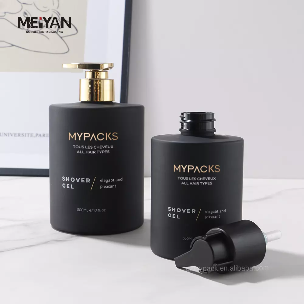 MPYACK custom shorter round 300ml 500ml pet plastic matte black cosmetic serum shower gel body cream bottle with pump