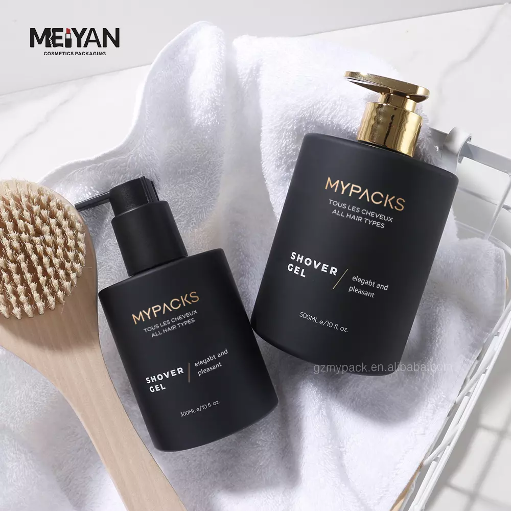 MPYACK custom shorter round 300ml 500ml pet plastic matte black cosmetic serum shower gel body cream bottle with pump