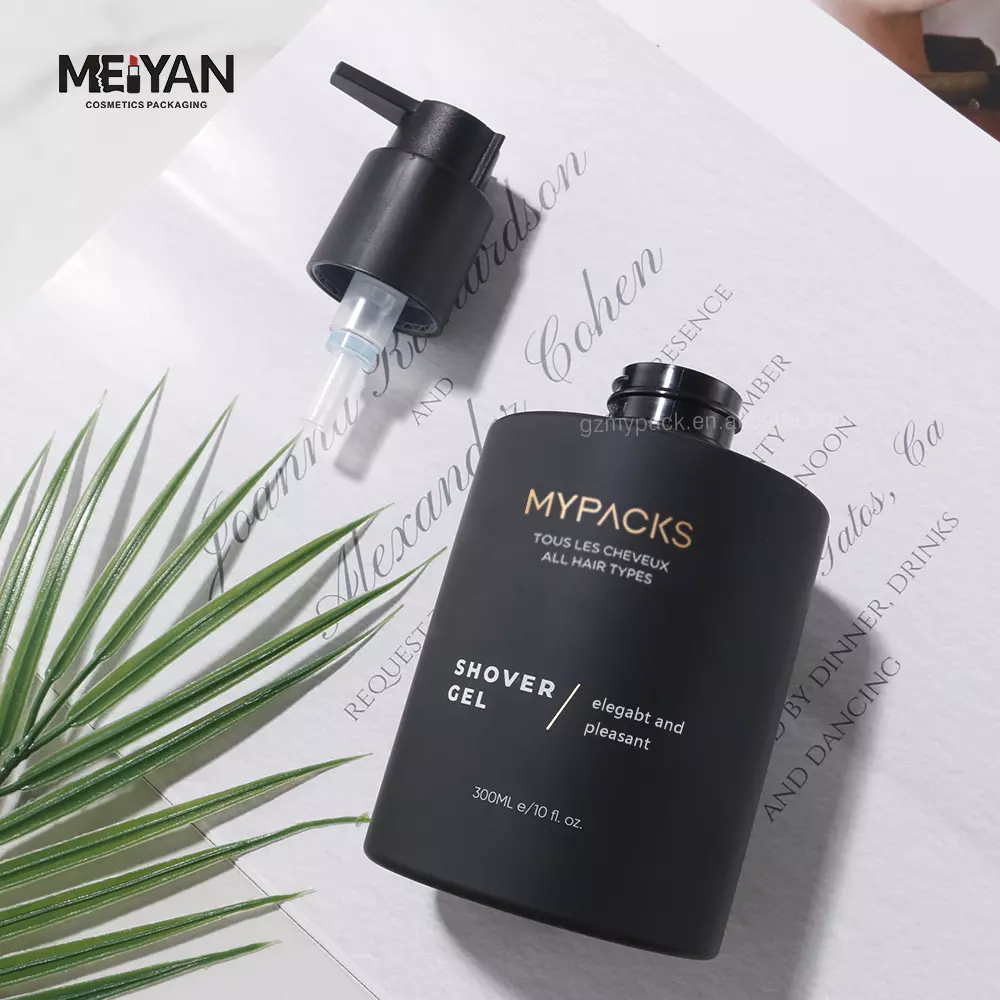 MPYACK custom shorter round 300ml 500ml pet plastic matte black cosmetic serum shower gel body cream bottle with pump