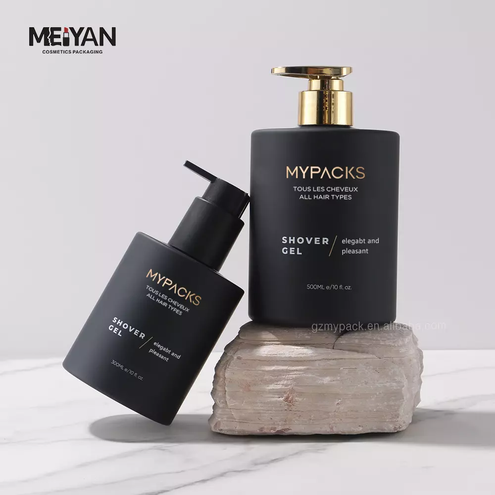 MPYACK custom shorter round 300ml 500ml pet plastic matte black cosmetic serum shower gel body cream bottle with pump