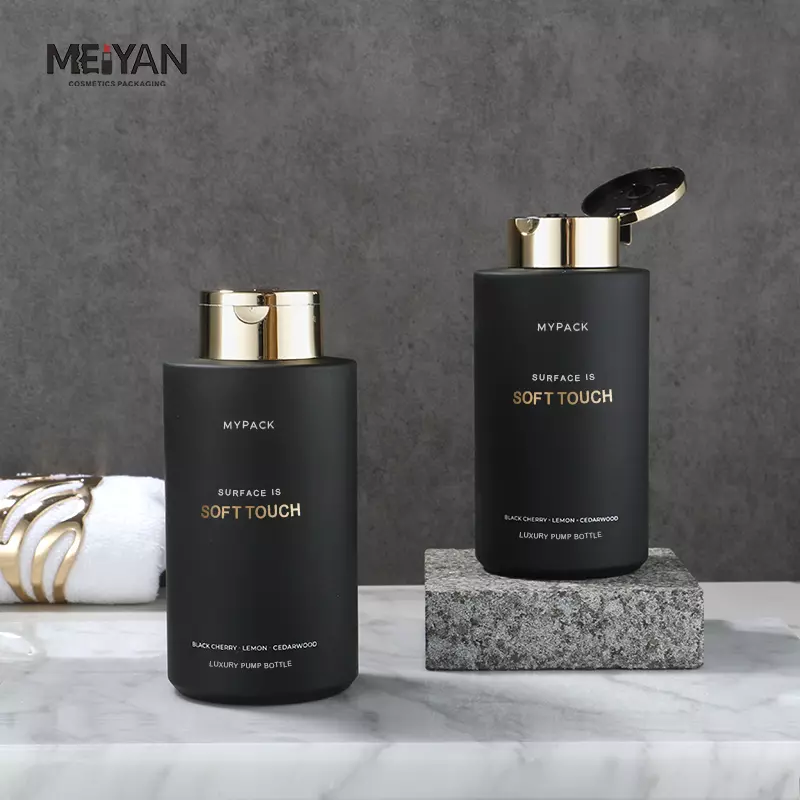 MYAPCK black silicone squeeze bottle 350ml 450ml shampoo body wash lotion black bottle with unique gold twist cap