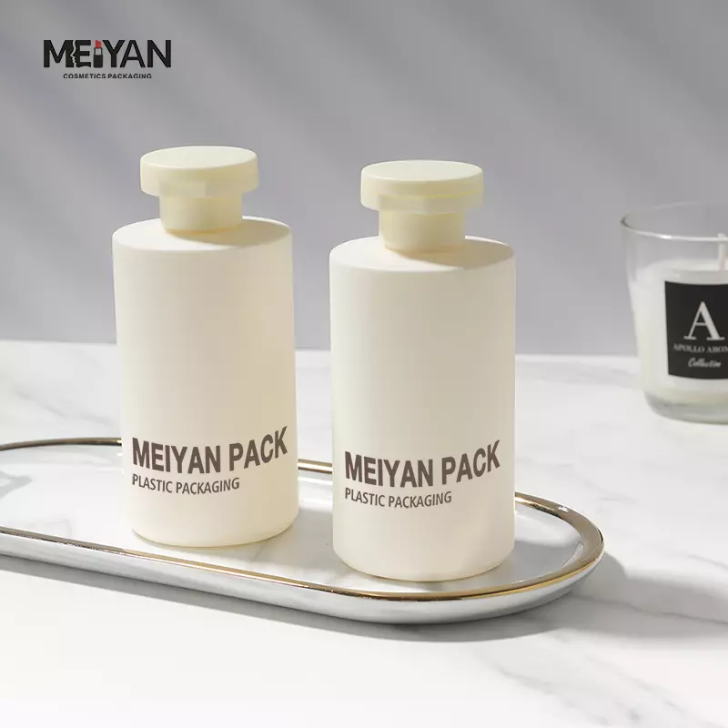 MYPACK custom frosted beige hdpe plastic 225ml 280ml 350ml soft touch squeezable bottles for skincare shampoo body butter lotion