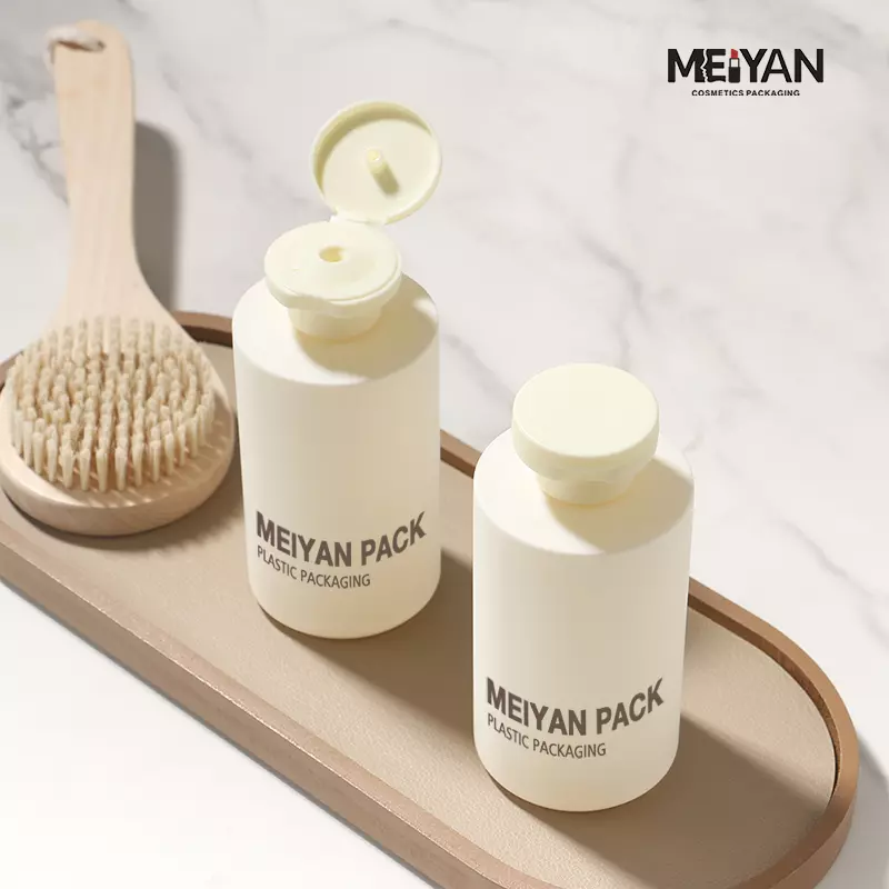 MYPACK custom frosted beige hdpe plastic 225ml 280ml 350ml soft touch squeezable bottles for skincare shampoo body butter lotion