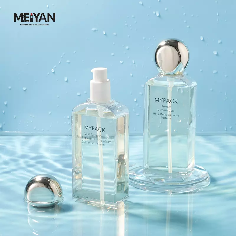 MYPACK luxury empty 120ml150ml plastic pet clear cosmetic face essence serum and toner bottle with silver pump