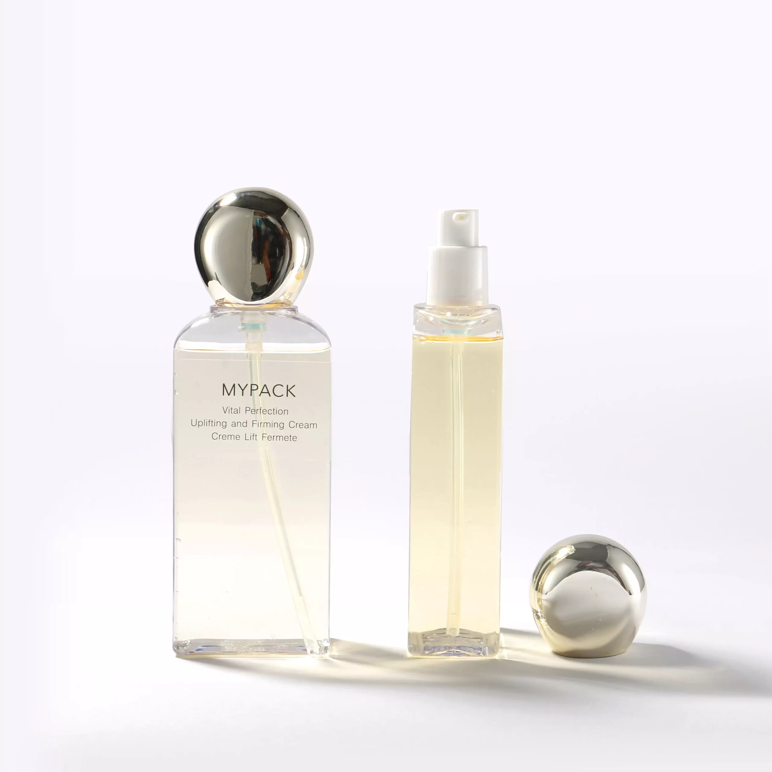 MYPACK luxury empty 120ml150ml plastic pet clear cosmetic face essence serum and toner bottle with silver pump