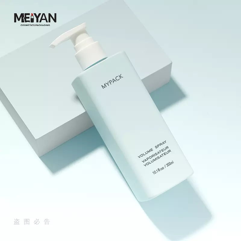 MYPACK luxury frosted light blue square shampoo shower gel bottle soft touch 300ml 350ml 400ml square pet plastic bottle