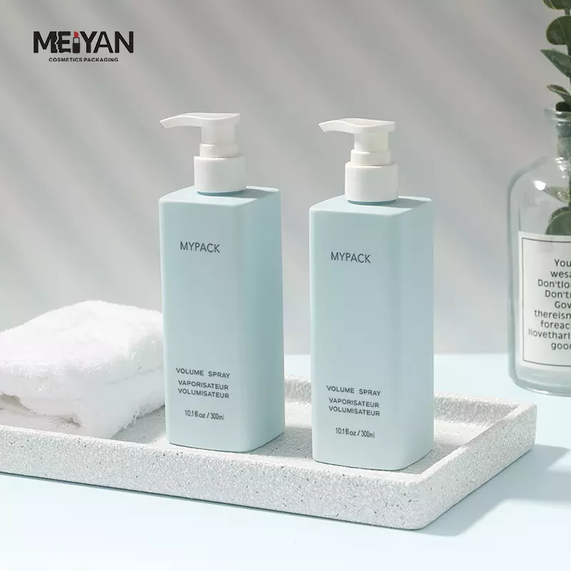 MYPACK luxury frosted light blue square shampoo shower gel bottle soft touch 300ml 350ml 400ml square pet plastic bottle