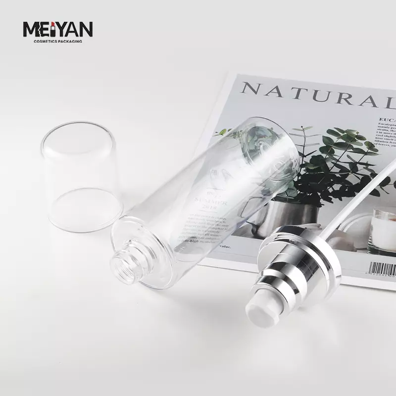 MYPACK luxury empty 120ml150ml plastic pet clear cosmetic face essence serum and toner bottle with silver pump