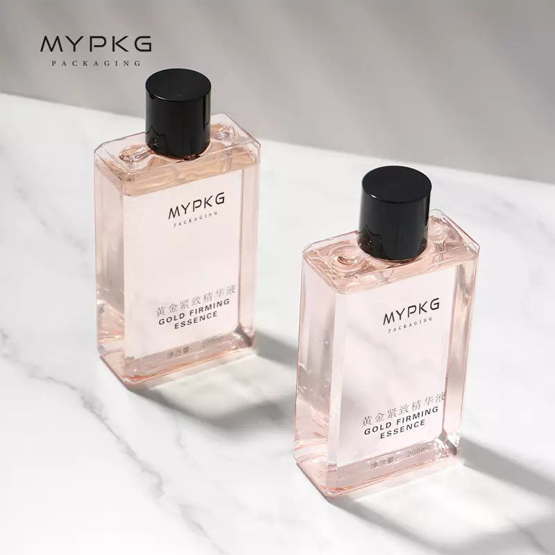 MYPAKG clear pink flat square plastic essential oil toner lotion bottle 200ml 250ml 300ml shower gel square bottle with cap