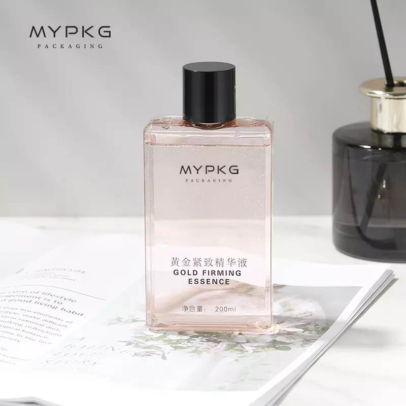 MYPAKG clear pink flat square plastic essential oil toner lotion bottle 200ml 250ml 300ml shower gel square bottle with cap