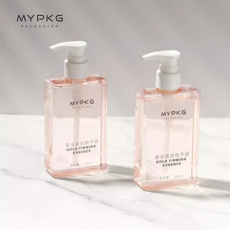 MYPAKG clear pink flat square plastic essential oil toner lotion bottle 200ml 250ml 300ml shower gel square bottle with cap