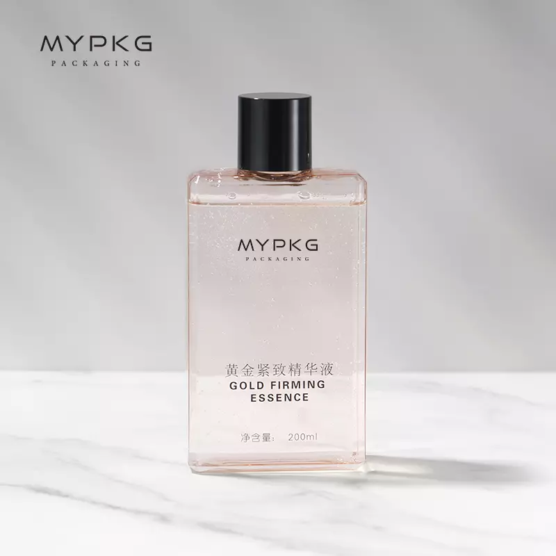 MYPAKG clear pink flat square plastic essential oil toner lotion bottle 200ml 250ml 300ml shower gel square bottle with cap