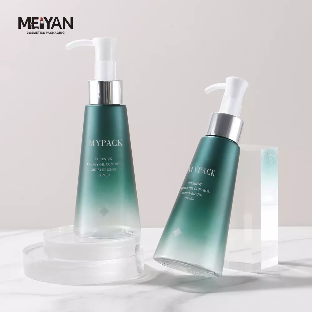 MYPACK custom unique shape petg gradient frosted green skin care packaging set bottle lotion bottle pump 120ml 150ml