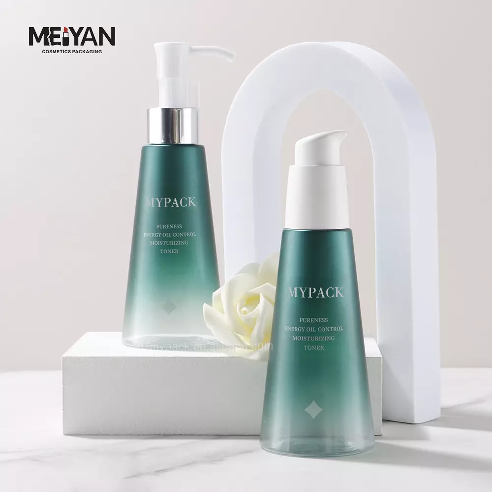 MYPACK custom unique shape petg gradient frosted green skin care packaging set bottle lotion bottle pump 120ml 150ml