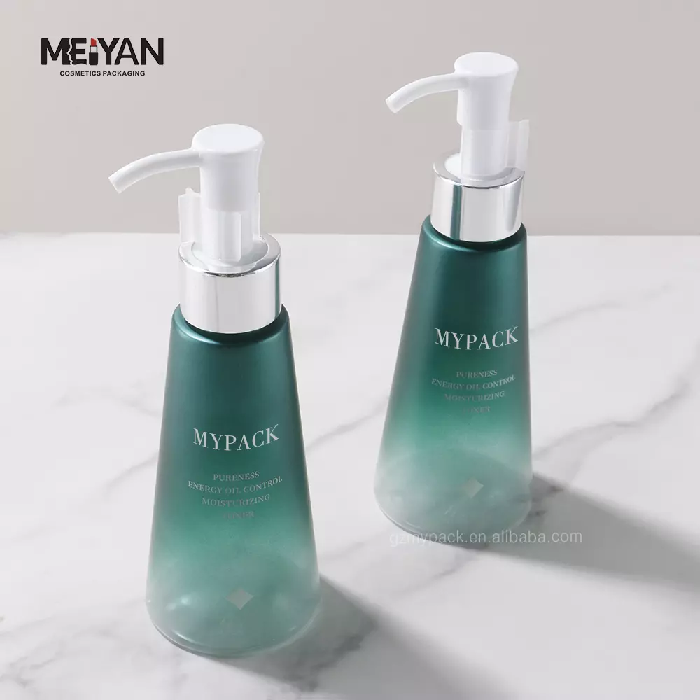 MYPACK custom unique shape petg gradient frosted green skin care packaging set bottle lotion bottle pump 120ml 150ml